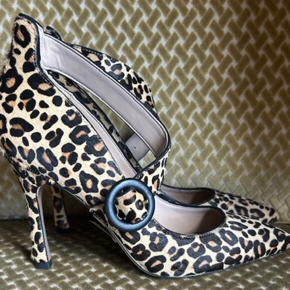 Sam Edelman Nude Leopard Print Cow Fur Hinda Jewel Buckle Strap Pumps NEW - Picture 6 of 16